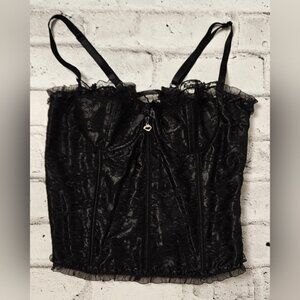 Coquette Black Lace-Up Corset Bustier Top  Gothic Lingerie Style w/ Ruffle Trim